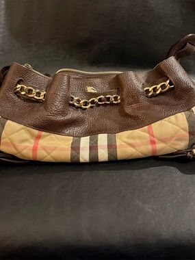 Burberry Leather Margaret Shoulder Bag Nova Check Plaid Fabric Gold Brass Metal